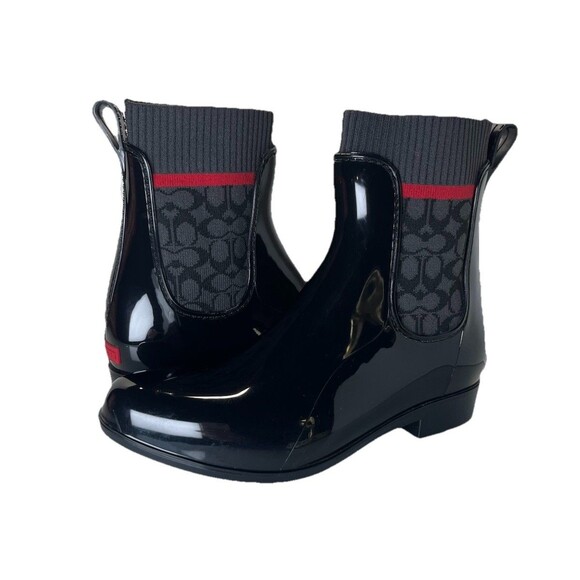 Coach Rivington Signature Logo Knit Black Pull-On Ankle Rain Boots Size 6 Bootie - Picture 3 of 12
